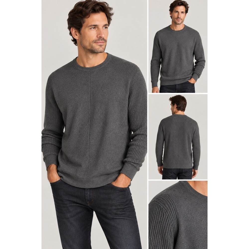 John Varvatos Mens Charcoal Gray Ribbed Mixed Media Wool Sweater Size L Luxury
